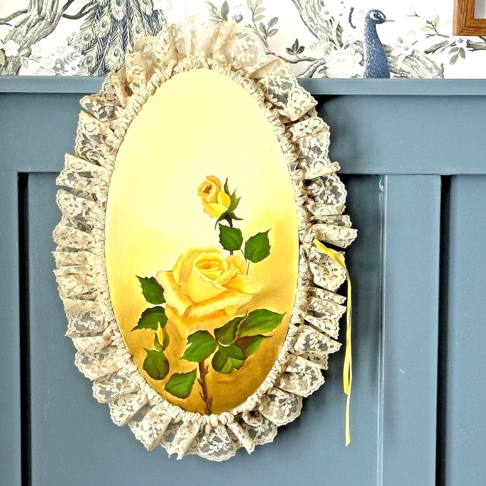 Hand-Painted Yellow Rose Oval Canvas Art w/ Lace Frame Cottagecore Grannycore